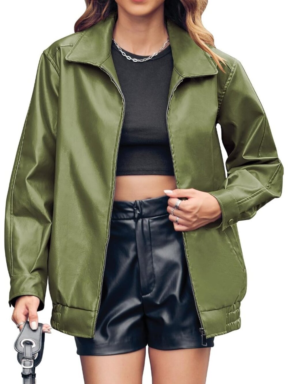Women's Military Green Faux Leather Oversized Bomber Jacket ZIP Up Casual Coat